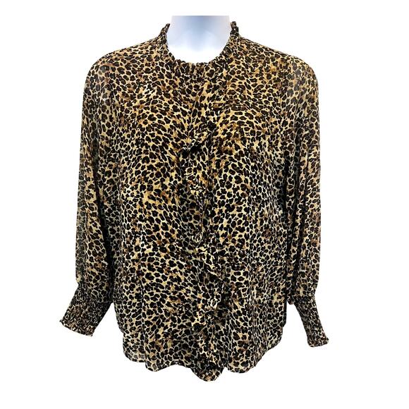 Tahari Top Wmns Sz XL Button Up Leopard Print Ruffle Detail Career Blouse Brown - Picture 1 of 10